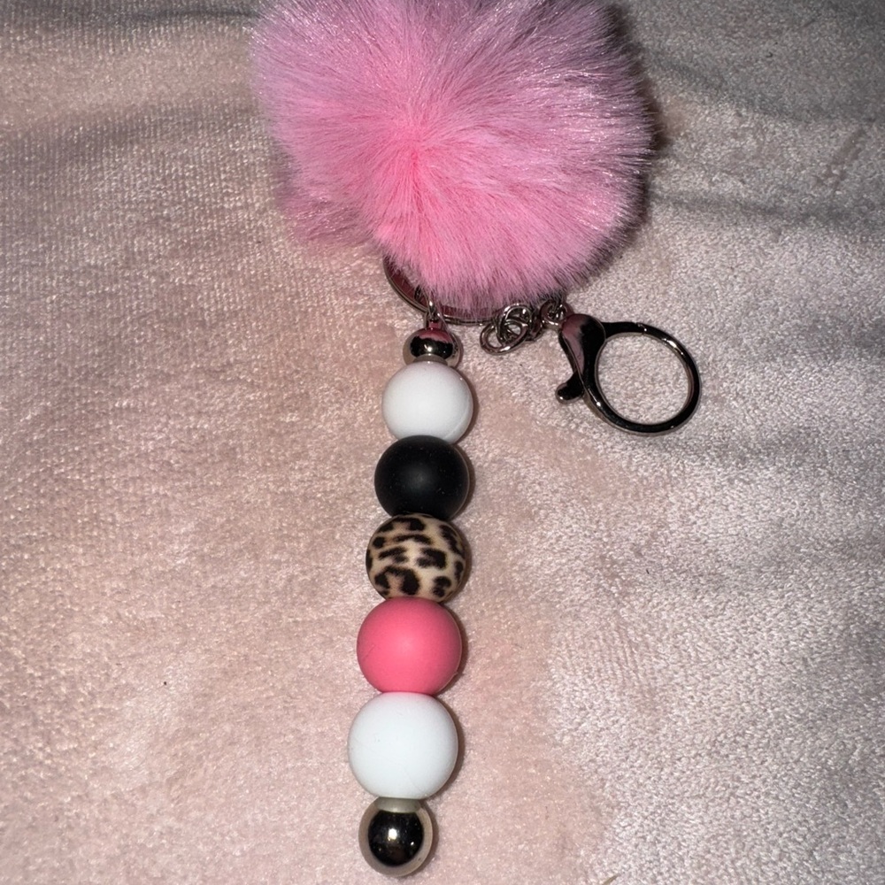 Pink and Black Beaded Keychain with Pom Pom